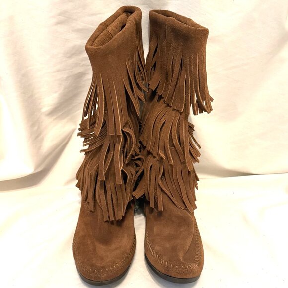 Minnetonka Women's 8 Boots Fringe Cognac Suede Moccasin Tall Boot EUC! 1638 - Picture 4 of 7